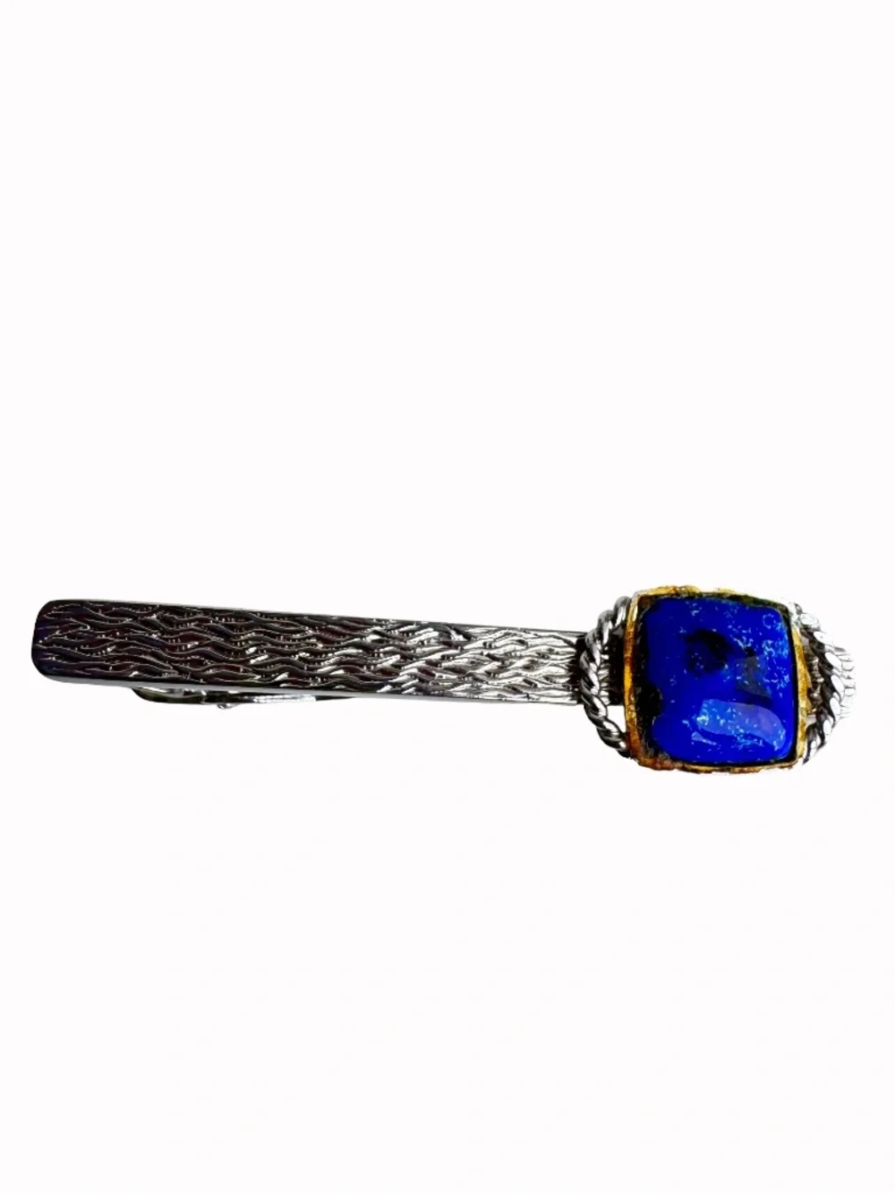 Vintage Cobalt Blue Cloisonne Tie Clip Silver Tone Textured Enamel Bar Groom